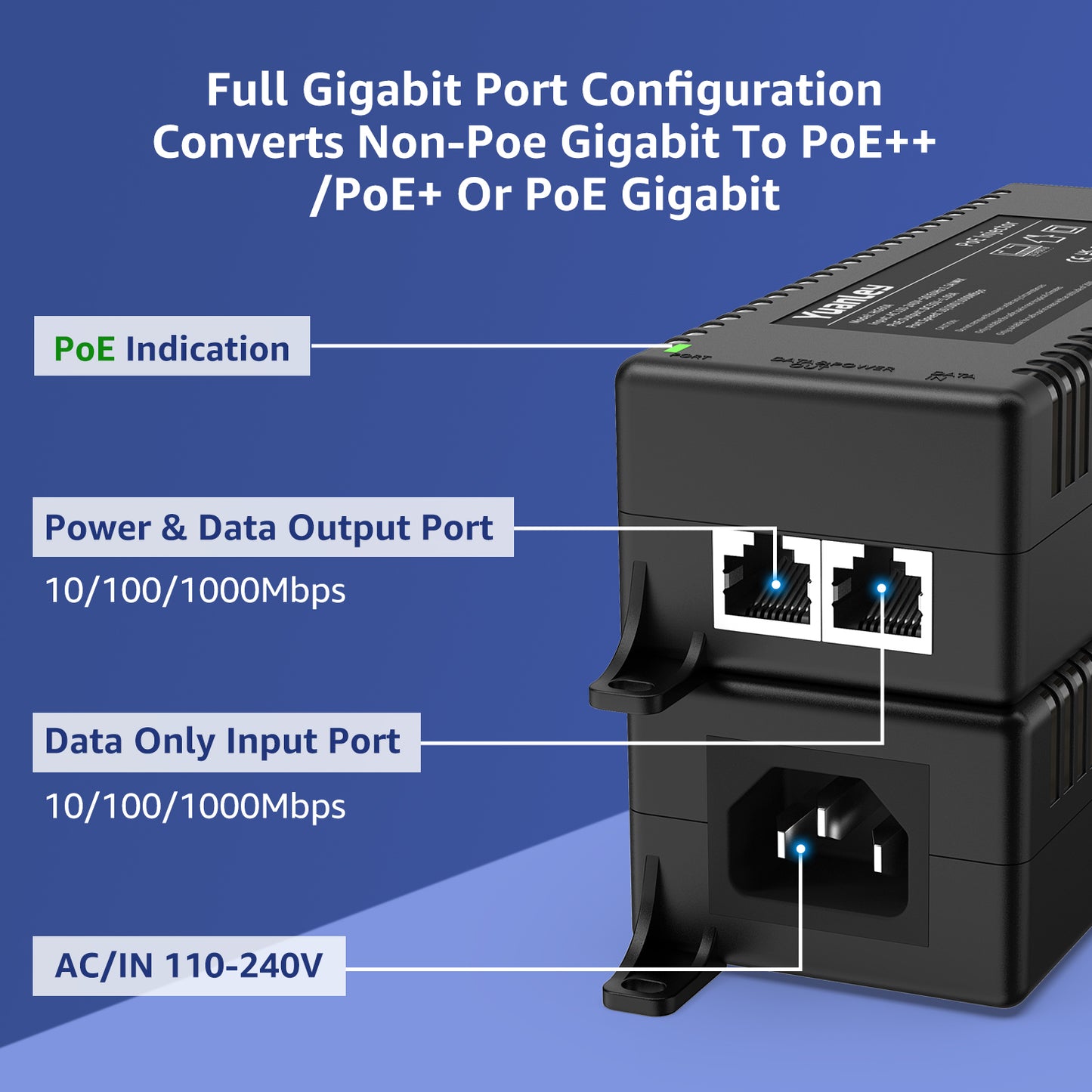 YuanLey Gigabit PoE Injector 60W, PoE++ Injector Converts Non-PoE to PoE++ Network, IEEE 802.3at/af, 10/100/1000Mbps PoE Adapter, Distances Up to 325 Feet, Plug & Play, Wall-Mounted