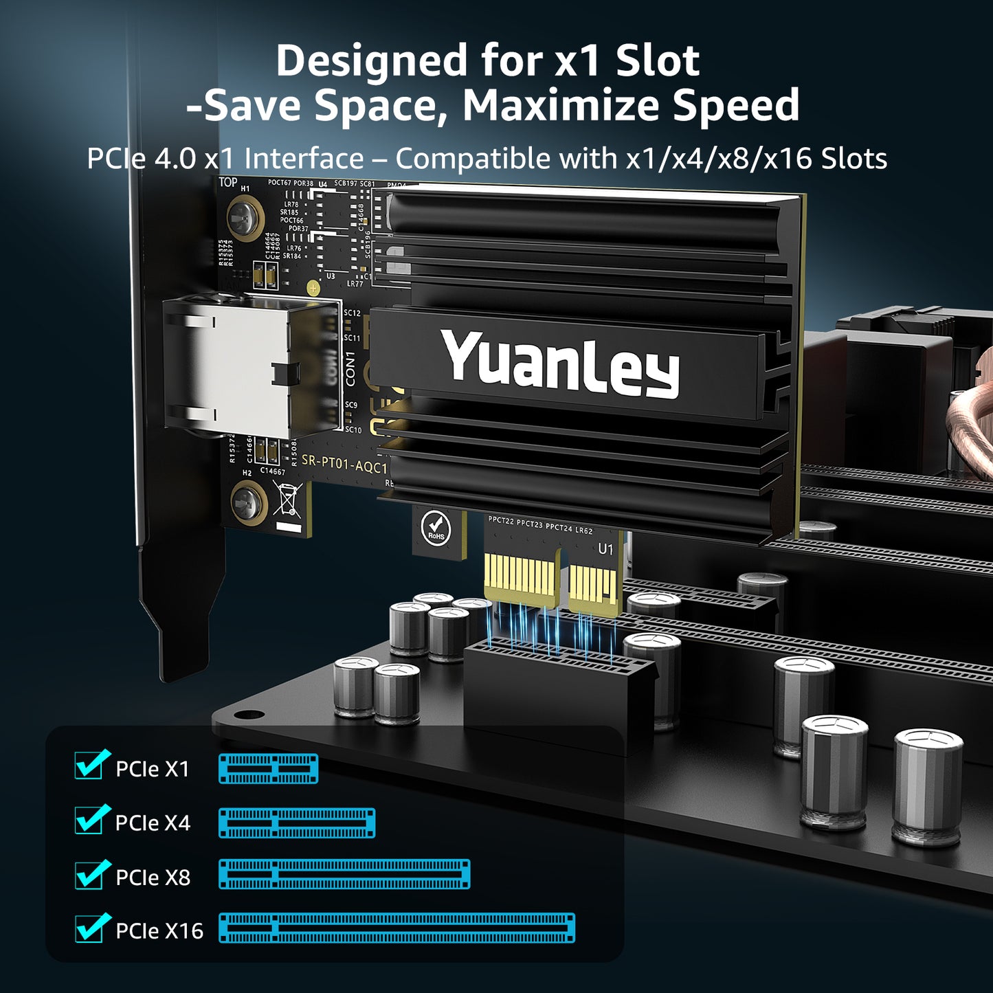 10G PCIe Network Card, YuanLey 10G Base-T Ethernet Card with Marvell AQC113 Conrtoller, PCIE to 10Gb RJ45 Ethernet Adapter NIC Compatible with PCI Express X1,X4,X8,X16, for Windows 10/11, Linux OS