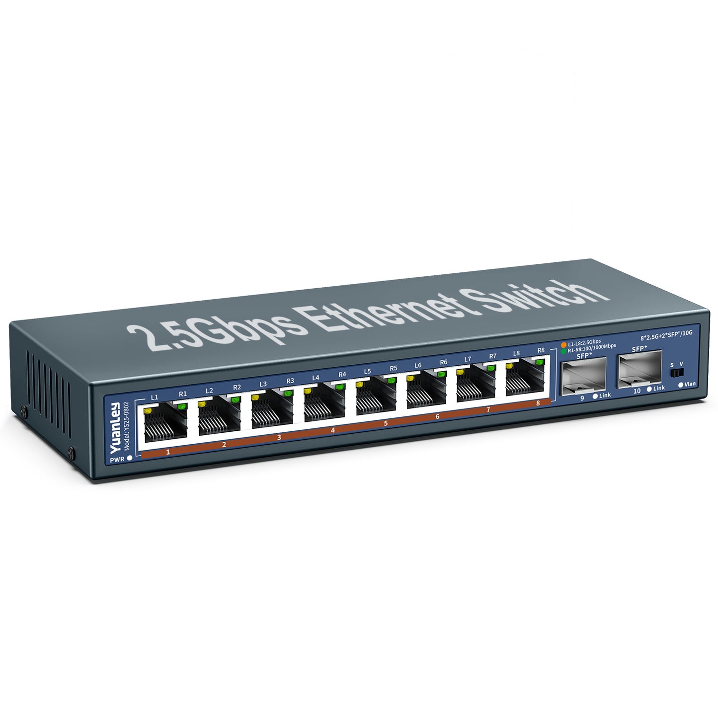 10 Port 2.5G Unmanaged Ethernet Switch, 8 x 2.5G Base-T Ports, 2 x 10G SFP, Compatible with 100/1000/2500Mbps, VLAN, Fanless, Desktop/Wall Mount YuanLey 2.5Gbe Network Switch for Wireless AP, NAS, PC