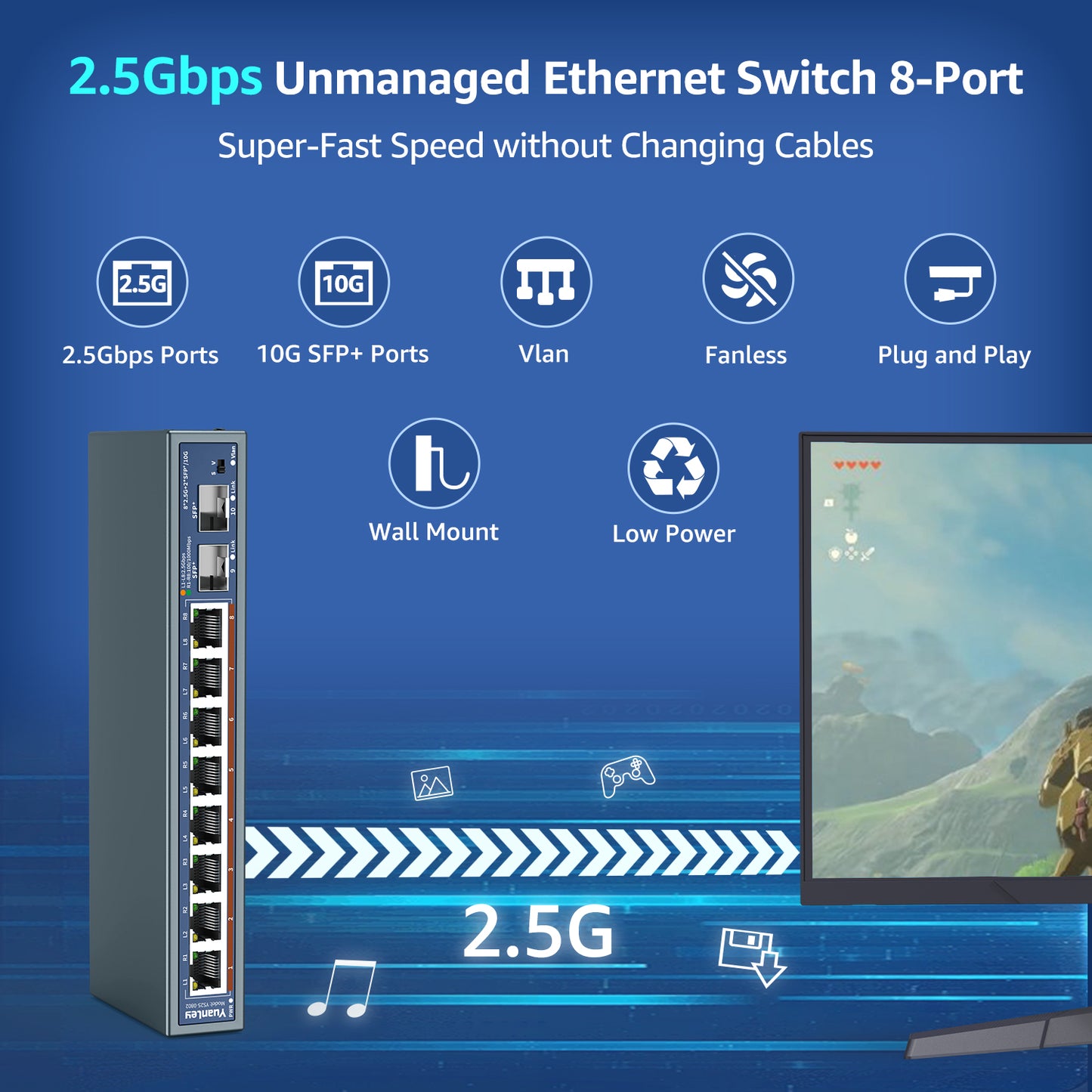 10 Port 2.5G Unmanaged Ethernet Switch, 8 x 2.5G Base-T Ports, 2 x 10G SFP, Compatible with 100/1000/2500Mbps, VLAN, Fanless, Desktop/Wall Mount YuanLey 2.5Gbe Network Switch for Wireless AP, NAS, PC