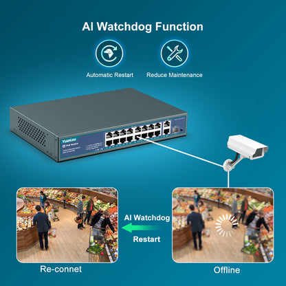 YuanLey 16 Port PoE Switch with 2 Gigabit Ethernet Uplink, 1 SFP Port, 250W PoE+ Port Support 802.3af/at, Unmanaged Network Switch with AI Watchdog, VLAN, 6KV Protection, Rackmount Plug and Play