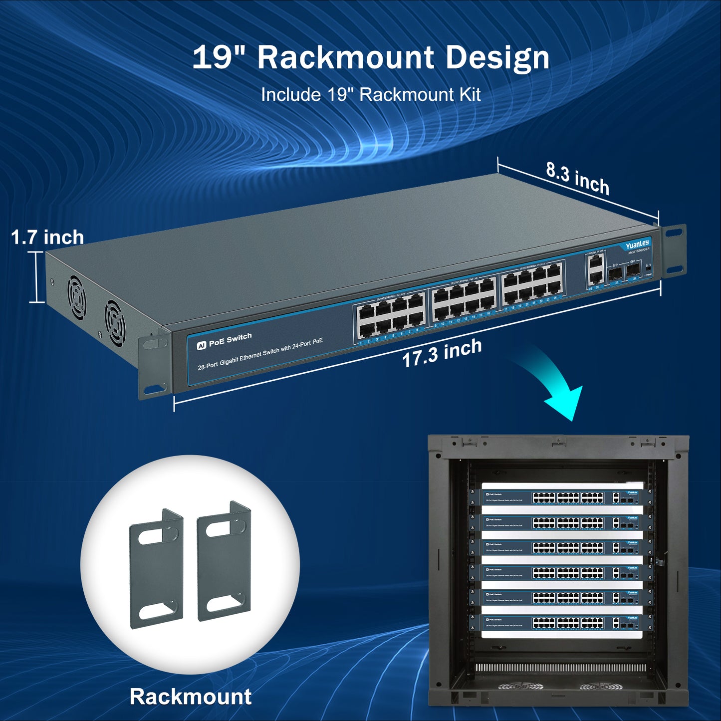 24 Port Gigabit Ethernet PoE Switch with 2 Uplink Gigabit Port & 2 SFP Port, YuanLey Unmanaged 24 Port PoE+ Network Switch, Rackmout, Build in 400W Power, Support 802.3af/at, Plug and Play