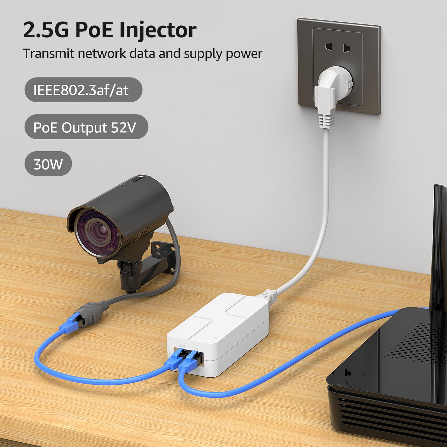 YuanLey 2.5G PoE Injector 30W, PoE+ Injector Converts Non-PoE to PoE+, 52V IEEE 802.3at/af, 10/100/1000/2500Mbps Ethernet PoE Adapter Plug & Play, Power Over Ethernet Up to 325 Feet