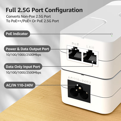 YuanLey 2.5G PoE Injector 30W, PoE+ Injector Converts Non-PoE to PoE+, 52V IEEE 802.3at/af, 10/100/1000/2500Mbps Ethernet PoE Adapter Plug & Play, Power Over Ethernet Up to 325 Feet