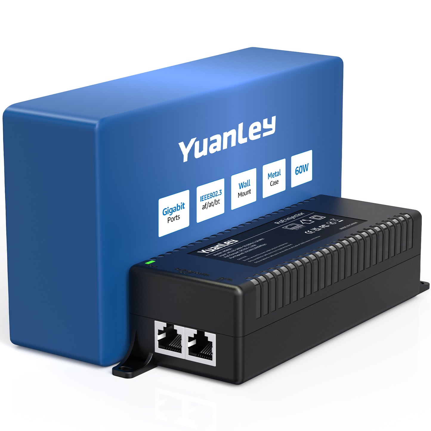 YuanLey Gigabit PoE Injector 60W, PoE++ Injector Converts Non-PoE to PoE++ Network, IEEE 802.3at/af, 10/100/1000Mbps PoE Adapter, Distances Up to 325 Feet, Plug & Play, Wall-Mounted