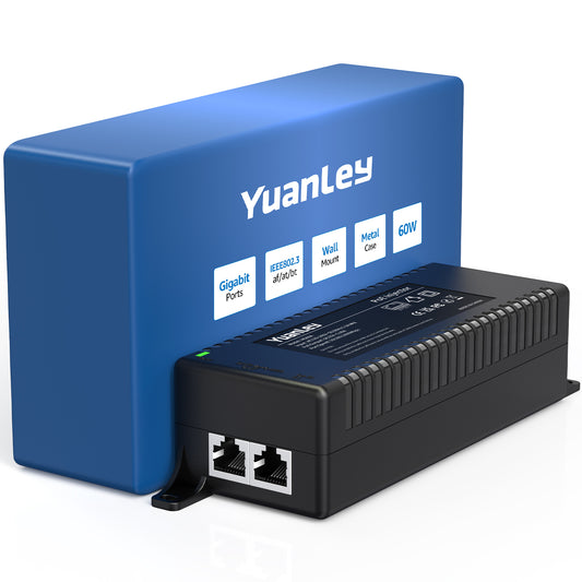 YuanLey Gigabit PoE Injector 60W, PoE++ Injector Converts Non-PoE to PoE++ Network, IEEE 802.3at/af, 10/100/1000Mbps PoE Adapter, Distances Up to 325 Feet, Plug & Play, Wall-Mounted
