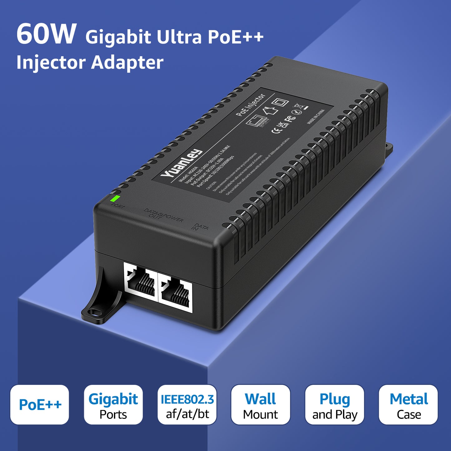 YuanLey Gigabit PoE Injector 60W, PoE++ Injector Converts Non-PoE to PoE++ Network, IEEE 802.3at/af, 10/100/1000Mbps PoE Adapter, Distances Up to 325 Feet, Plug & Play, Wall-Mounted
