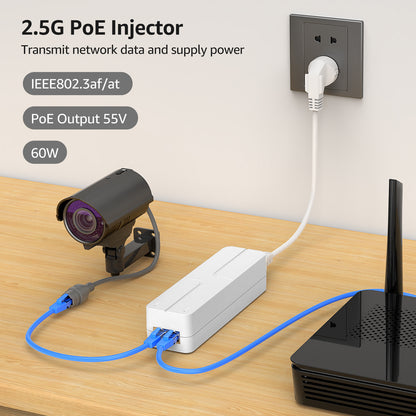YuanLey 2.5G PoE Injector 60W, PoE+ Injector Converts Non-PoE to PoE+, 55V IEEE 802.3at/af, 10/100/1000/2500Mbps Ethernet PoE Adapter Plug & Play, Power Over Ethernet Up to 325 Feet