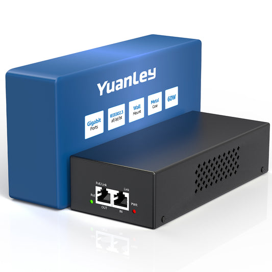 YuanLey Gigabit PoE Injector 90W, 10/100/1000Mbps PoE++ Injector Adapter, IEEE 802.3bt/at/af, Up to 325 Feet, Metal Case Desktop/Wall-Mount, Plug & Play