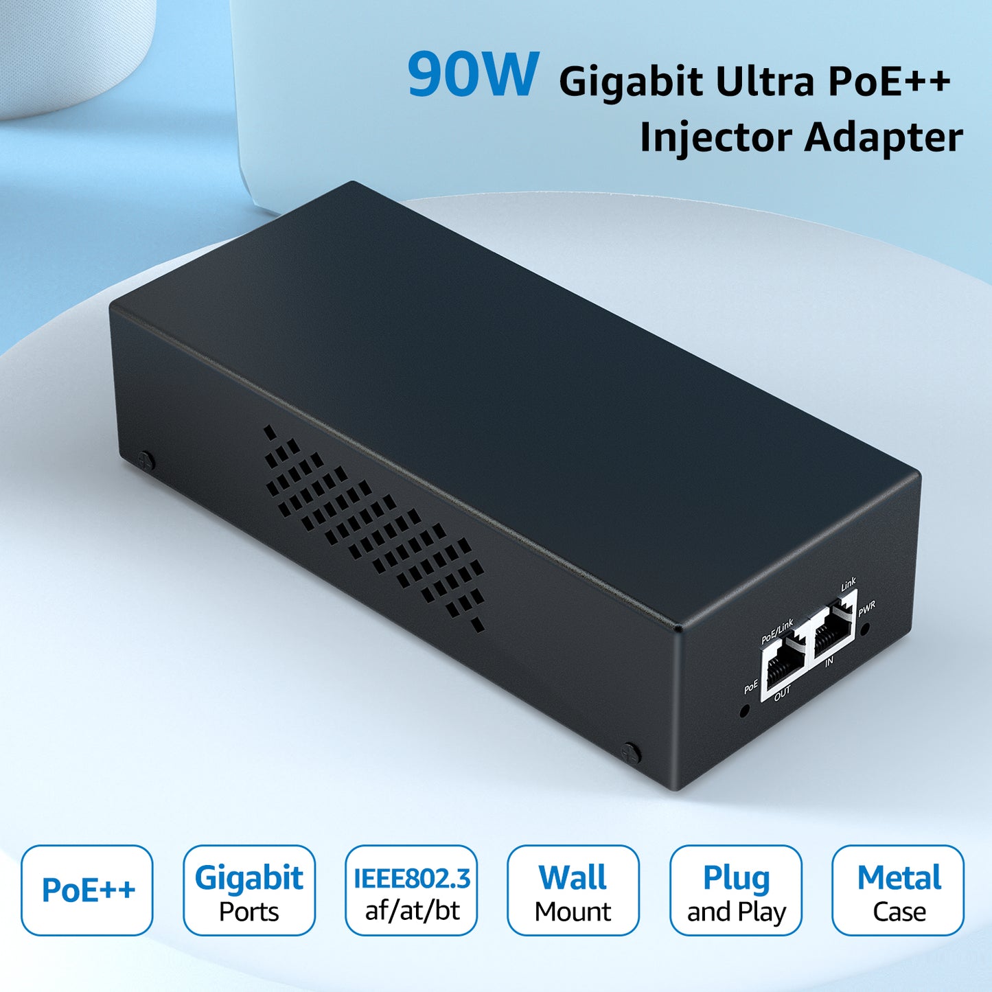 YuanLey Gigabit PoE Injector 90W, 10/100/1000Mbps PoE++ Injector Adapter, IEEE 802.3bt/at/af, Up to 325 Feet, Metal Case Desktop/Wall-Mount, Plug & Play