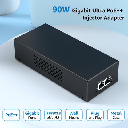 YuanLey Gigabit PoE Injector 90W, 10/100/1000Mbps PoE++ Injector Adapter, IEEE 802.3bt/at/af, Up to 325 Feet, Metal Case Desktop/Wall-Mount, Plug & Play