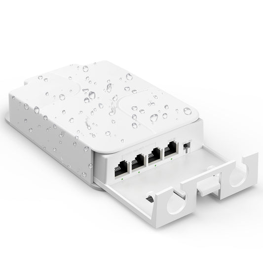 YuanLey 4 Port Outdoor PoE Extender 1 in 3 Out, IEEE 802.3af/at Mini 4 Channel PoE Repeater IP66 Waterproof, Vlan, Extend 250m(Total 350m), Wall Mount Passthrough POE Amplifier, Plug and Play