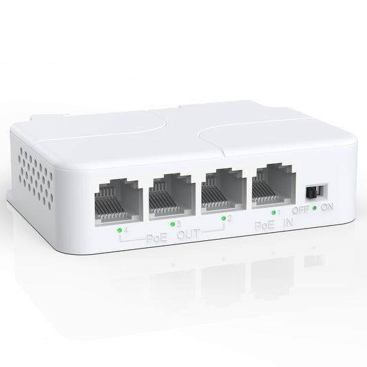 YuanLey 4 Port PoE Extender with 3 PoE Out, IEEE 802.3af/at Mini 4 Channel Repeater 100Mbps, Wall and Din Rail Mount Passthrough Switch/Booster, Plug and Play