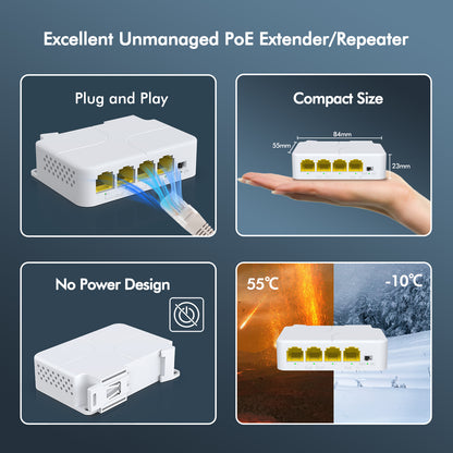 YuanLey 4 Port PoE Extender Gigabit with 3 PoE Out, IEEE 802.3af/at Mini 4 Channel Repeater 1000Mbps, VLAN, Wall and Din Rail Mount Passthrough POE Amplifier/Booster, Plug and Play
