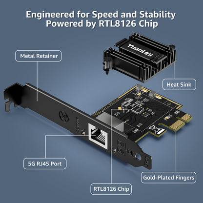 5Gb PCIe Network Card, YuanLey 5G Base-T PCI Express Ethernet Adapter with RTL8126, Support WOL, 5G/2.5G/1G/100Mbps NIC Card RJ45 Port for PC Windows/Linux OS