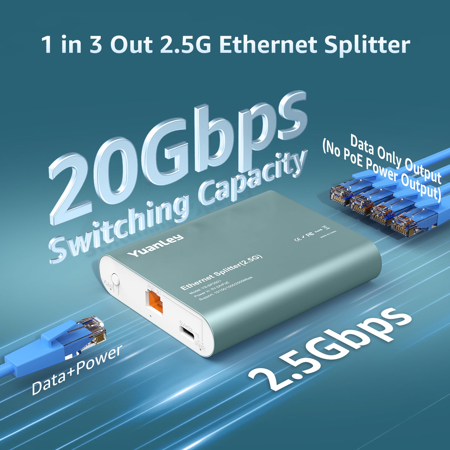 1 to 3 Port 2.5G Ethernet Splitter Switch with PoE Input, 4 Port 2.5G High Speed Splitter with Aluminum Case, VLAN Isolation, USB-C/PoE Powered Network Port Expander for Router, PC, IP Camera Visit the YuanLey Store