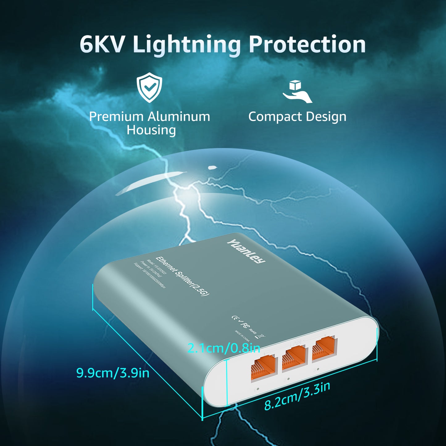 1 to 3 Port 2.5G Ethernet Splitter Switch with PoE Input, 4 Port 2.5G High Speed Splitter with Aluminum Case, VLAN Isolation, USB-C/PoE Powered Network Port Expander for Router, PC, IP Camera Visit the YuanLey Store