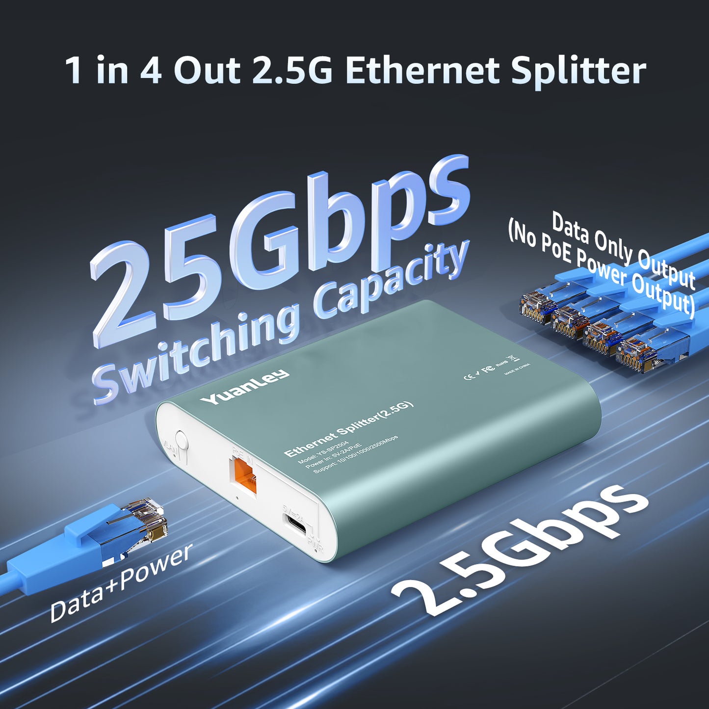 2.5G Ethernet Splitter 1 to 4 with PoE Input, 2.5G High Speed RJ45 Internet Splitter with Aluminum Case, VLAN Port Isolation, PoE/USB-C Powered, USB-C Cable Included, 2500Mbps Network Splitter
