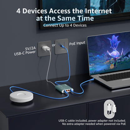 2.5G Ethernet Splitter 1 to 4 with PoE Input, 2.5G High Speed RJ45 Internet Splitter with Aluminum Case, VLAN Port Isolation, PoE/USB-C Powered, USB-C Cable Included, 2500Mbps Network Splitter