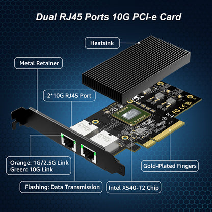 10G Network Card Dual RJ45 Port, YuanLey 10G Base-T Ethernet Card with Intel X540 Conrtoller, PCIE to 10Gb RJ45 Ethernet Adapter NIC Compatible with PCI Express X8,X16, for Windows, Linux OS, VMware