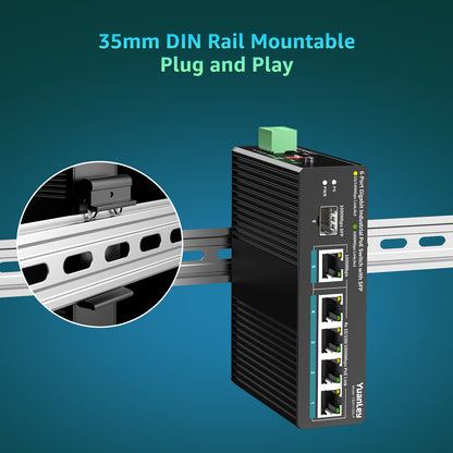 YuanLey 6 Port Industrial Switch with 4 Port PoE Gigabit, 1 1000Mbps Uplink, 1 SFP Port, Unmanaged Din-Rail PoE Switch with 66.25W Power Adapter, Support IEEE802.3af/at, VLAN & Loop