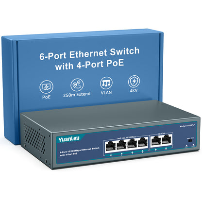 YuanLey 4 Port PoE Switch with 2 Ethernet Uplink, 4 Port PoE+ 100Mbps, 78W 802.3af/at, Extend Function, One-Key VLAN, Metal, Desktop & Wall-Mount, Unmanaged Plug and Play