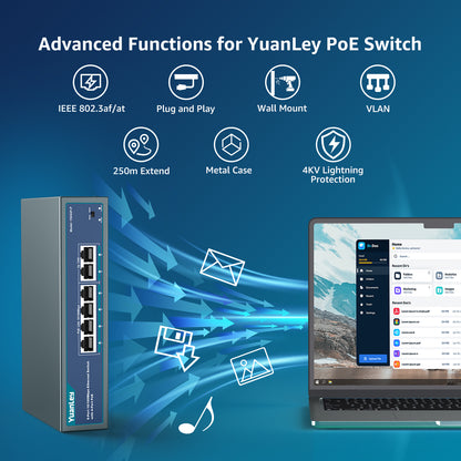 YuanLey 4 Port PoE Switch with 2 Ethernet Uplink, 4 Port PoE+ 100Mbps, 78W 802.3af/at, Extend Function, One-Key VLAN, Metal, Desktop & Wall-Mount, Unmanaged Plug and Play