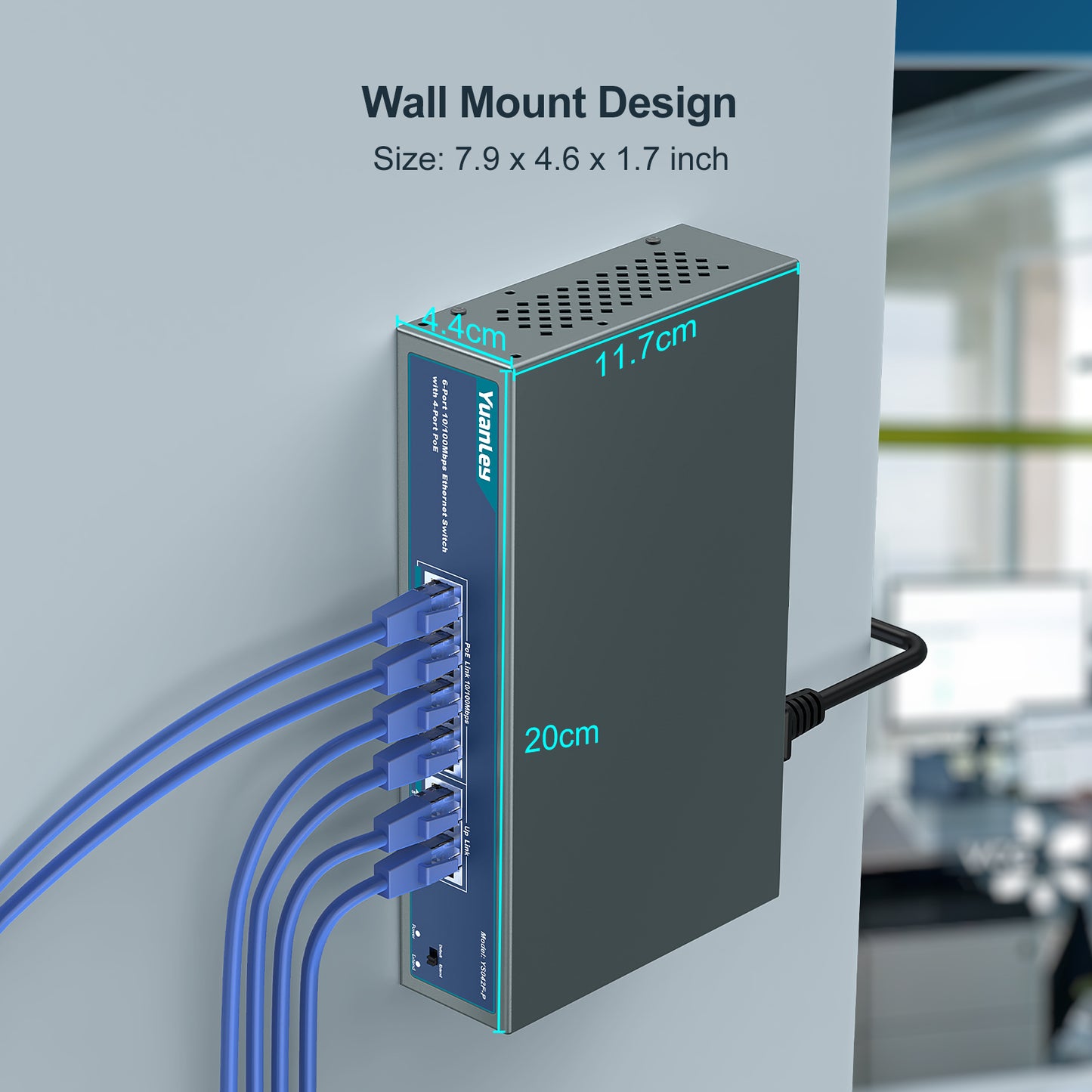 YuanLey 4 Port PoE Switch with 2 Ethernet Uplink, 4 Port PoE+ 100Mbps, 78W 802.3af/at, Extend Function, One-Key VLAN, Metal, Desktop & Wall-Mount, Unmanaged Plug and Play