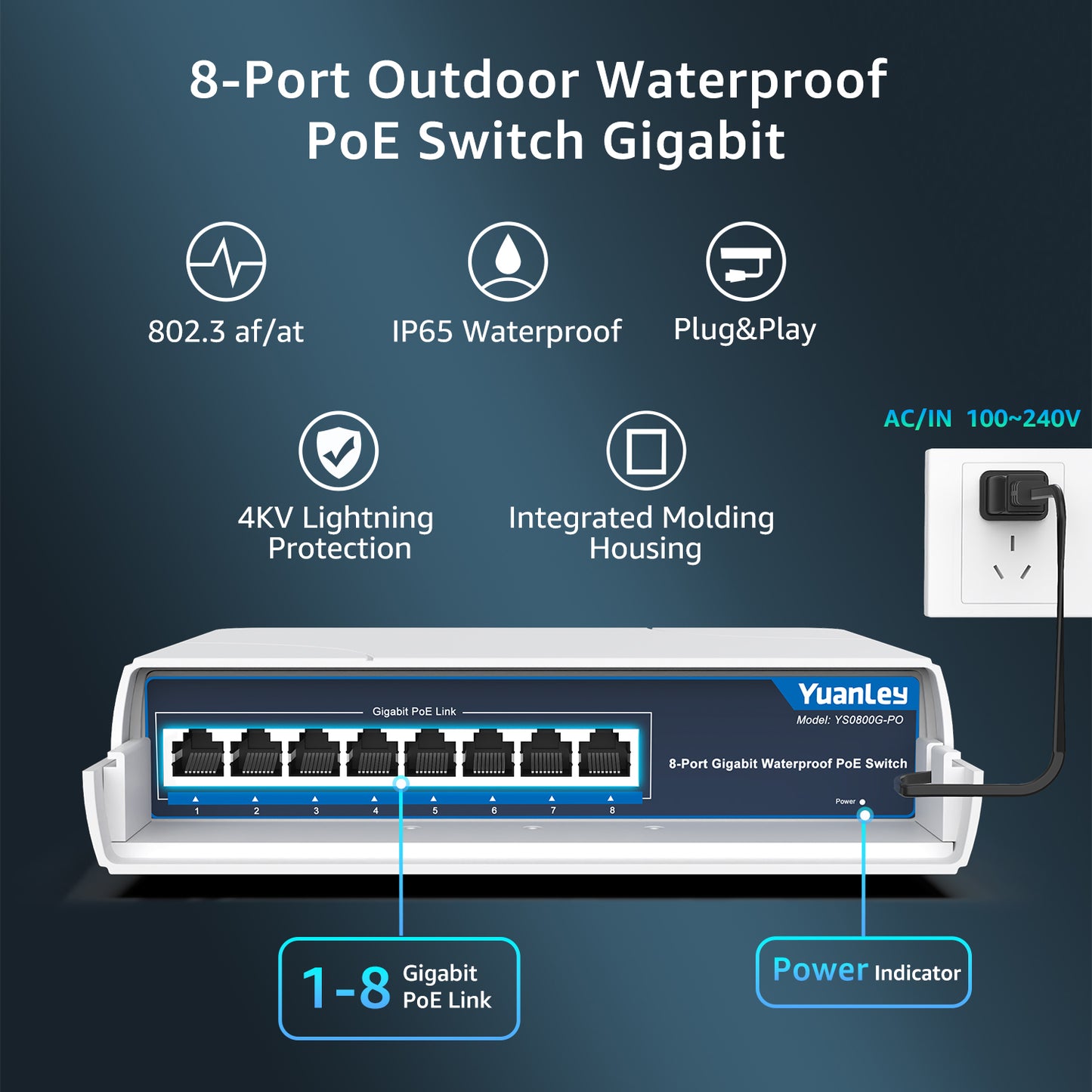 YuanLey 8-Port PoE Switch Gigabit- Waterproof Outdoor Ethernet Unmanaged Network Switch 1000Mbps, 120W Built-in Power, IEEE802.3af/at Support and Plug & Play, Ideal for Outdoor Use
