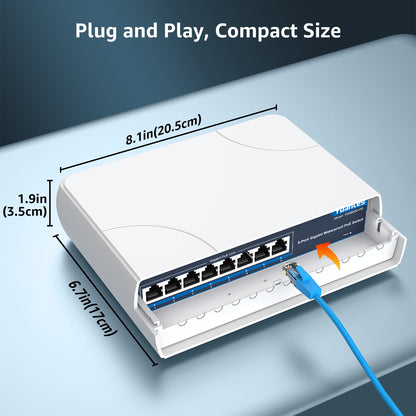 YuanLey 8-Port PoE Switch Gigabit- Waterproof Outdoor Ethernet Unmanaged Network Switch 1000Mbps, 120W Built-in Power, IEEE802.3af/at Support and Plug & Play, Ideal for Outdoor Use