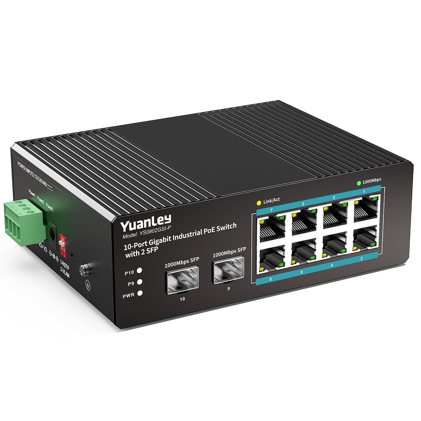 YuanLey 10 Port Industrial Switch with 8 Port PoE Gigabit & 2X SFP Port, Unmanaged PoE Switch with 120W Power Adapter, IEEE802.3af/at, VLAN & RSTP, Din-Rail PoE Switch for IP Camera, VoIP Phones,AP