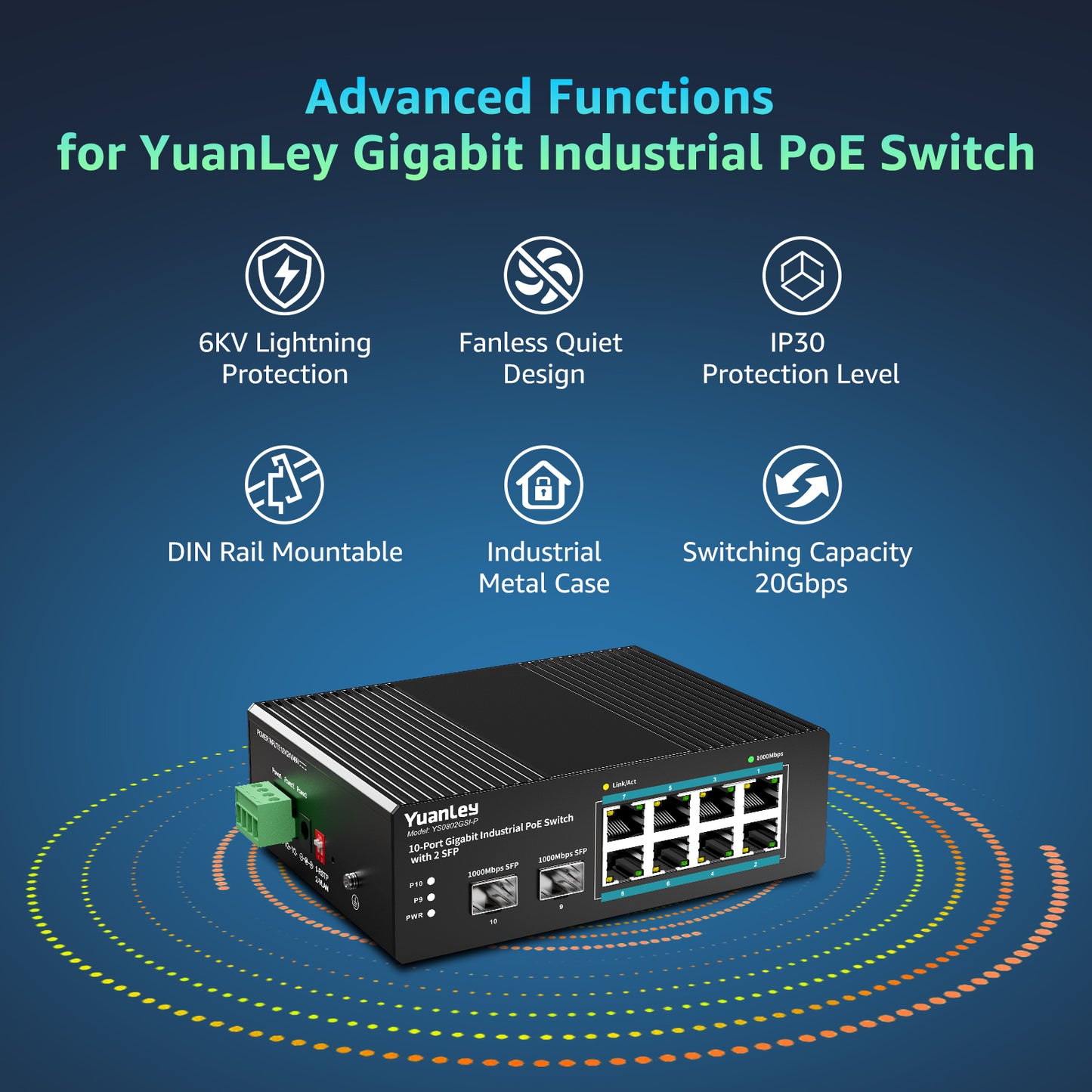 YuanLey 10 Port Industrial Switch with 8 Port PoE Gigabit & 2X SFP Port, Unmanaged PoE Switch with 120W Power Adapter, IEEE802.3af/at, VLAN & RSTP, Din-Rail PoE Switch for IP Camera, VoIP Phones,AP