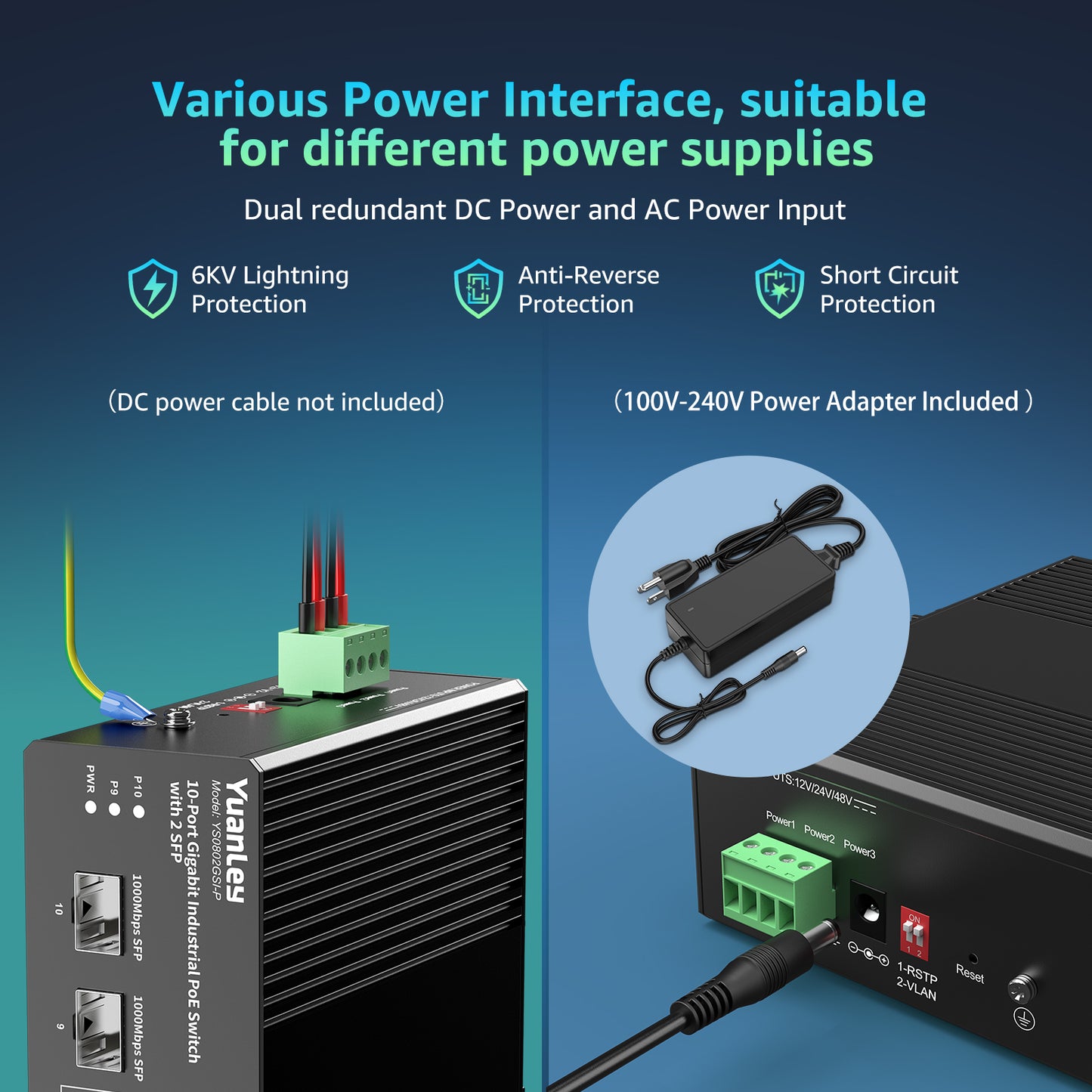 YuanLey 10 Port Industrial Switch with 8 Port PoE Gigabit & 2X SFP Port, Unmanaged PoE Switch with 120W Power Adapter, IEEE802.3af/at, VLAN & RSTP, Din-Rail PoE Switch for IP Camera, VoIP Phones,AP