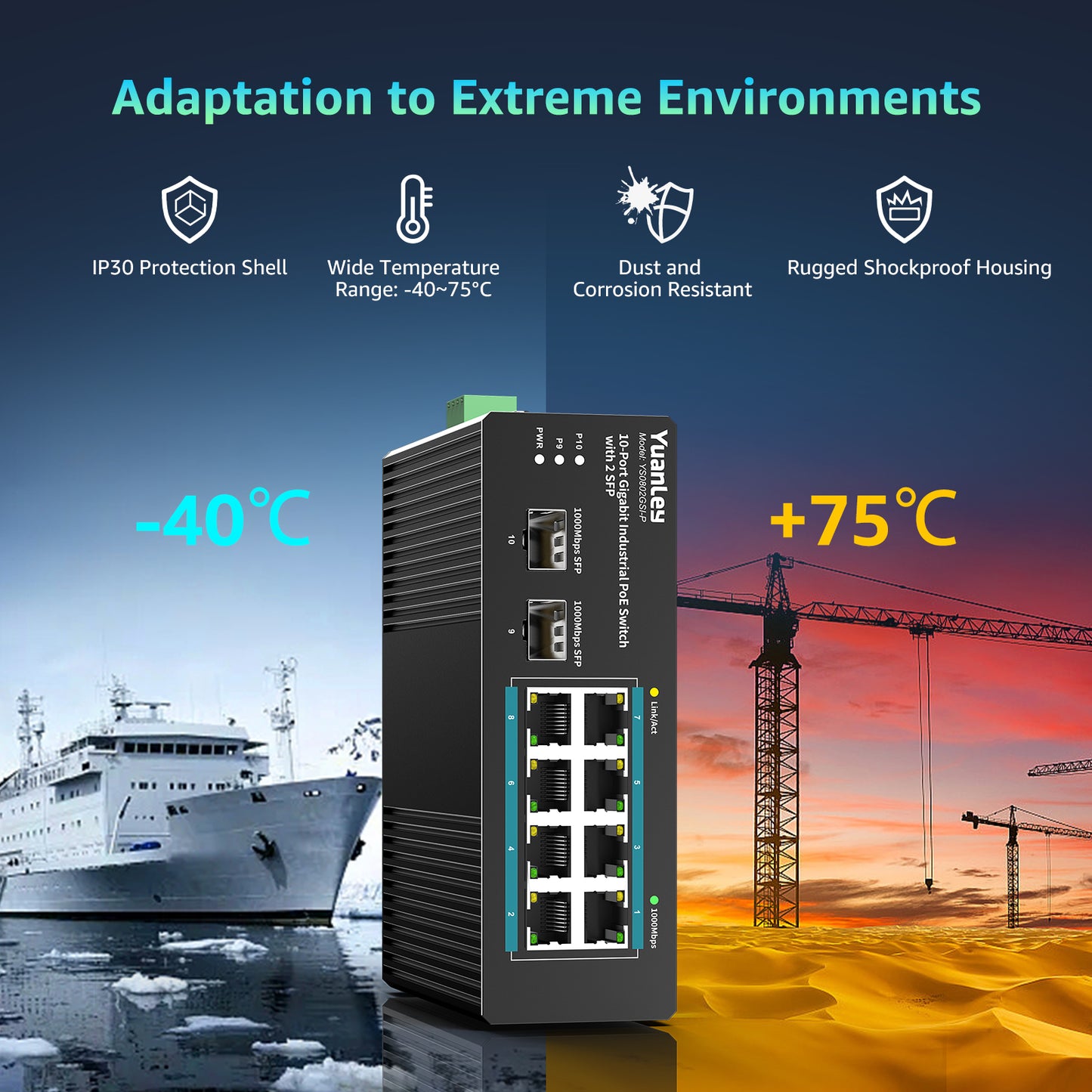 YuanLey 10 Port Industrial Switch with 8 Port PoE Gigabit & 2X SFP Port, Unmanaged PoE Switch with 120W Power Adapter, IEEE802.3af/at, VLAN & RSTP, Din-Rail PoE Switch for IP Camera, VoIP Phones,AP