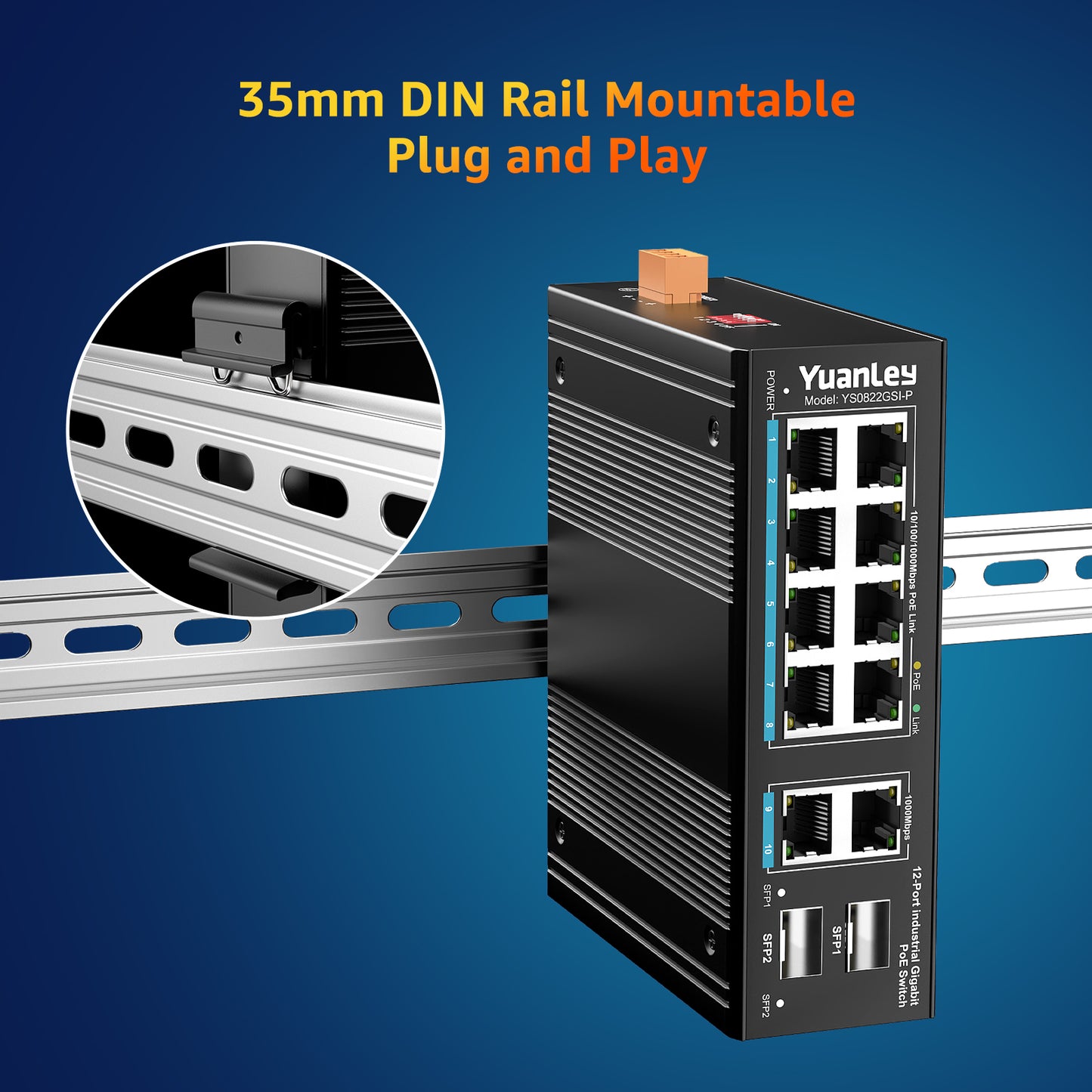 YuanLey 12 Port Industrial Switch with 8 Port PoE Gigabit, 2 1000Mbps Uplink, 2 SFP Port, Unmanaged DIN-Rail PoE Switch, IEEE802.3af/at, 24Gbps Switching Capacity, IP40, Extend, AI Watchdog, Fanless