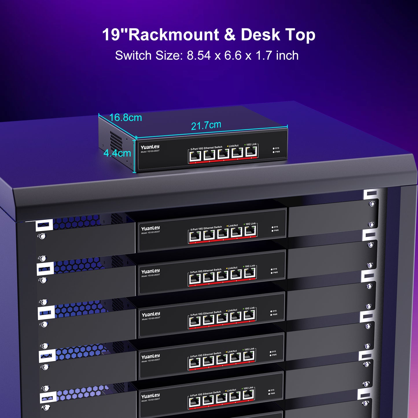YuanLey 5 Port 10G Ethernet Switch, 5 x 10Gbps RJ45 Ports, Support 10G/5G/2.5G/1G/100Mbps Speed Auto-Negotiation, 100Gbps Switching Capacity, Unmanaged Switch Rackmountable, Plug and Play