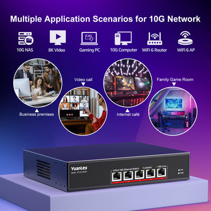 YuanLey 5 Port 10G Ethernet Switch, 5 x 10Gbps RJ45 Ports, Support 10G/5G/2.5G/1G/100Mbps Speed Auto-Negotiation, 100Gbps Switching Capacity, Unmanaged Switch Rackmountable, Plug and Play