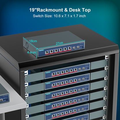 YuanLey 8-Port 10G Ethernet Switch, 6 x 10Gbps RJ45 Ports, 2X 10Gbe SFP+ Ports, Support 10G/5G/2.5G/1G/100Mbps Speed Auto-Negotiation, 160Gbps Switching Capacity, Unmanaged Switch Rackmountable