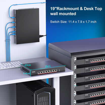 YuanLey 8 Port 10G PoE Switch Unmanaged, 8 x 10G Base-T PoE Ports, IEEE802.3af/at, 110W Built-in Power, Compatible with 1G/2.5G/5G/10G, Metal Case, Rackmount/Wall Mount 10Gbe Network Switch
