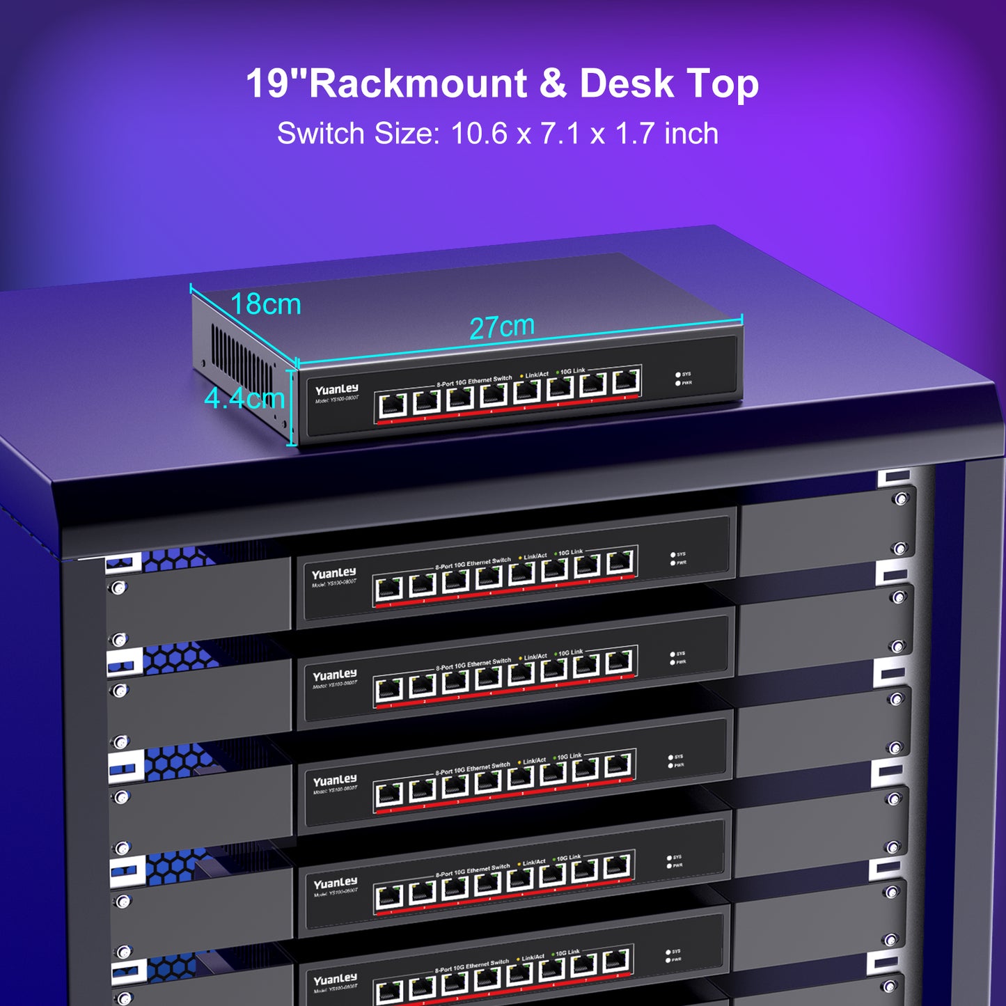 YuanLey 8-Port 10G Ethernet Switch, 8 x 10Gbps RJ45 Ports, Support 10G/5G/2.5G/1G/100Mbps Speed Auto-Negotiation, 160Gbps Switching Capacity, Unmanaged Switch Rackmountable, Plug and Play