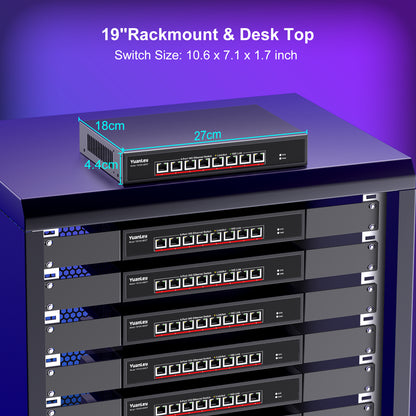 YuanLey 8-Port 10G Ethernet Switch, 8 x 10Gbps RJ45 Ports, Support 10G/5G/2.5G/1G/100Mbps Speed Auto-Negotiation, 160Gbps Switching Capacity, Unmanaged Switch Rackmountable, Plug and Play