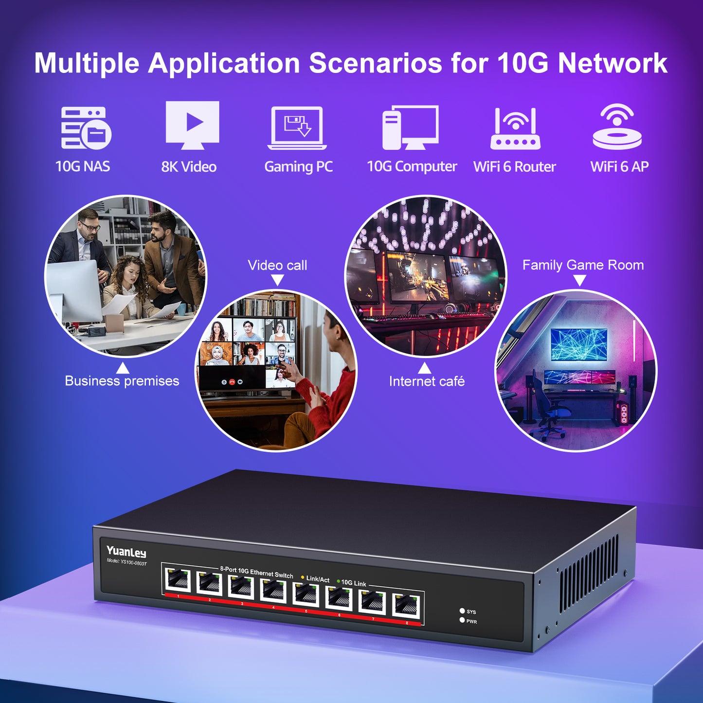 YuanLey 8-Port 10G Ethernet Switch, 8 x 10Gbps RJ45 Ports, Support 10G/5G/2.5G/1G/100Mbps Speed Auto-Negotiation, 160Gbps Switching Capacity, Unmanaged Switch Rackmountable, Plug and Play
