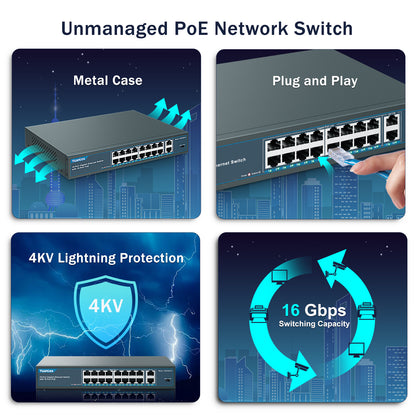 YuanLey 16 Port Gigabit PoE Switch with 2 Gigabit Uplink, 16 PoE+ Port 1000Mbps, 250W 802.3af/at, Metal Desktop/Rackmount, Unmanaged Plug and Play Network Switch