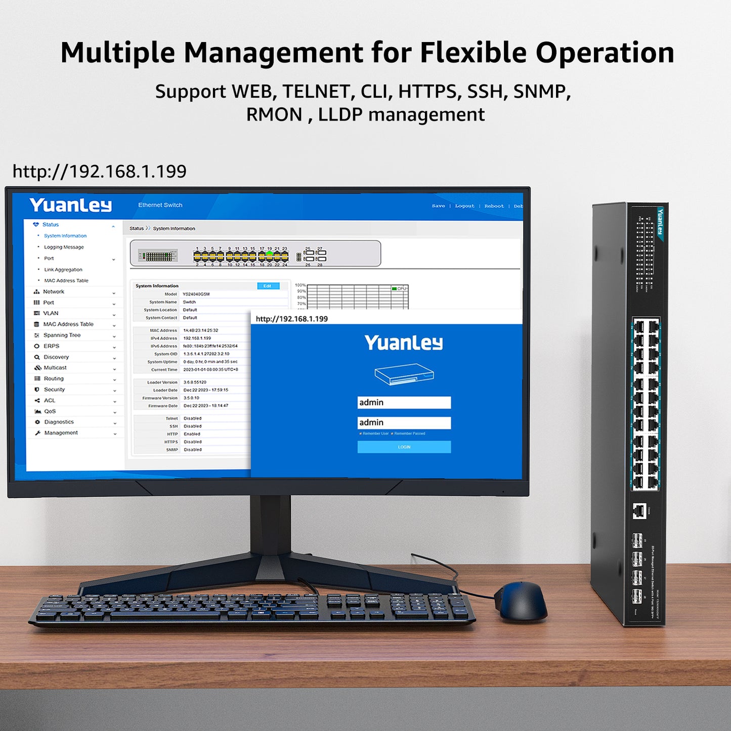 YuanLey 28 Port Gigabit Managed PoE Switch with 24 10/100/1000Mbps PoE+ Ports, 4X 10Gbps SFP+, L3 Smart Managment Ethernet Switch, VLAN, QoS, ACL, SSL, Fanless, Rackmount Network Switch
