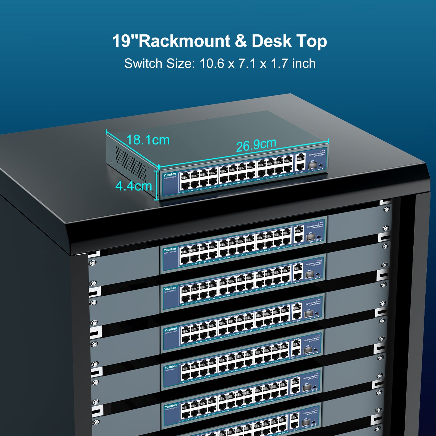 24 Port Gigabit PoE Switch Unmanaged, YuanLey 27-Port Gigabit PoE with 2 Uplink & 1 SFP, Rackmout, Build in 400W Power, Support 802.3af/at, Plug and Play, One-Key VLAN, Metal Case