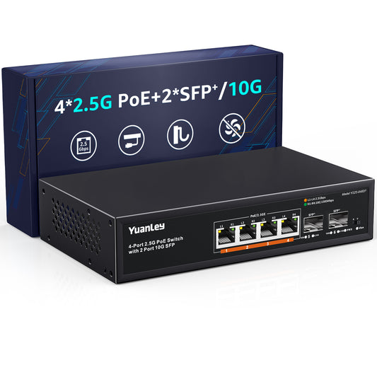 YuanLey 6 Port 2.5G PoE Switch Unmanaged, 4 x 2.5G Base-T PoE Ports, 2 x 10G SFP, IEEE802.3af/at, 78W, Compatible with 100/1000/2500Mbps, Metal Fanless, Desktop/Wall Mount 2.5Gbe Network Switch