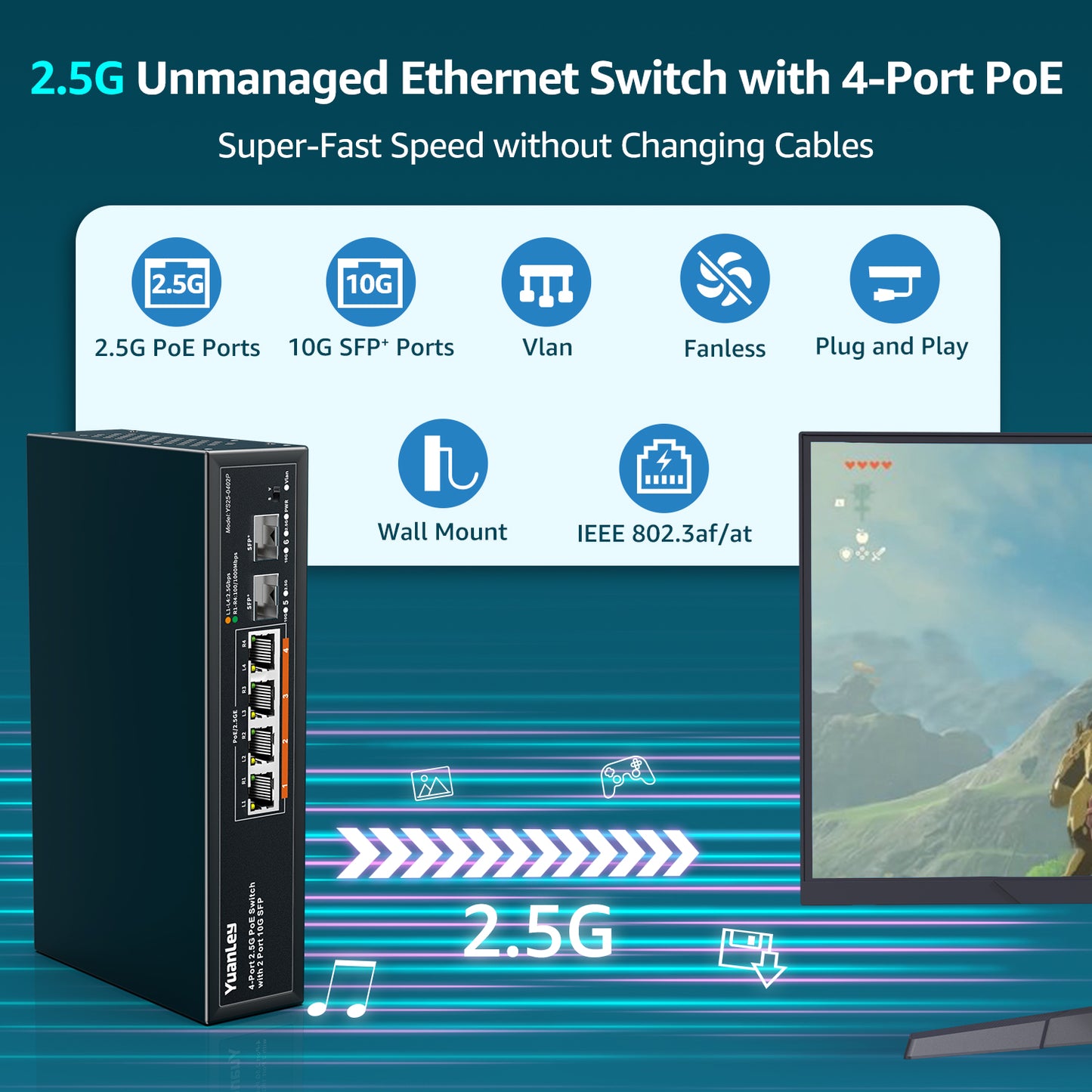 YuanLey 6 Port 2.5G PoE Switch Unmanaged, 4 x 2.5G Base-T PoE Ports, 2 x 10G SFP, IEEE802.3af/at, 78W, Compatible with 100/1000/2500Mbps, Metal Fanless, Desktop/Wall Mount 2.5Gbe Network Switch