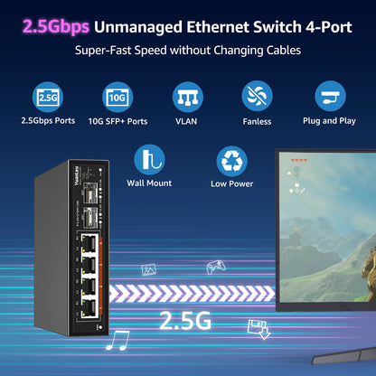 6 Port 2.5G Unmanaged Ethernet Switch, 4 x 2.5G Base-T Ports, 2 x 10G SFP, Compatible with 100/1000/2500Mbps, VLAN, Fanless, Desktop/Wall Mount YuanLey 2.5Gbe Network Switch for Wireless AP, NAS, PC