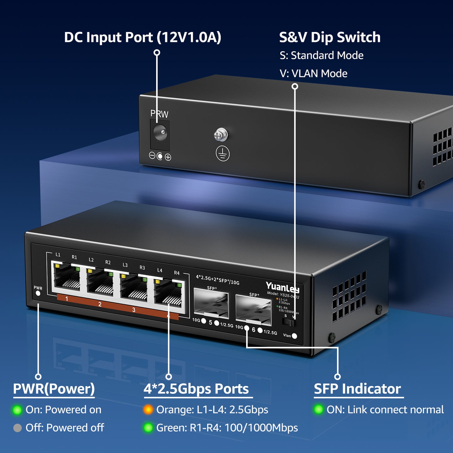 6 Port 2.5G Unmanaged Ethernet Switch, 4 x 2.5G Base-T Ports, 2 x 10G SFP, Compatible with 100/1000/2500Mbps, VLAN, Fanless, Desktop/Wall Mount YuanLey 2.5Gbe Network Switch for Wireless AP, NAS, PC