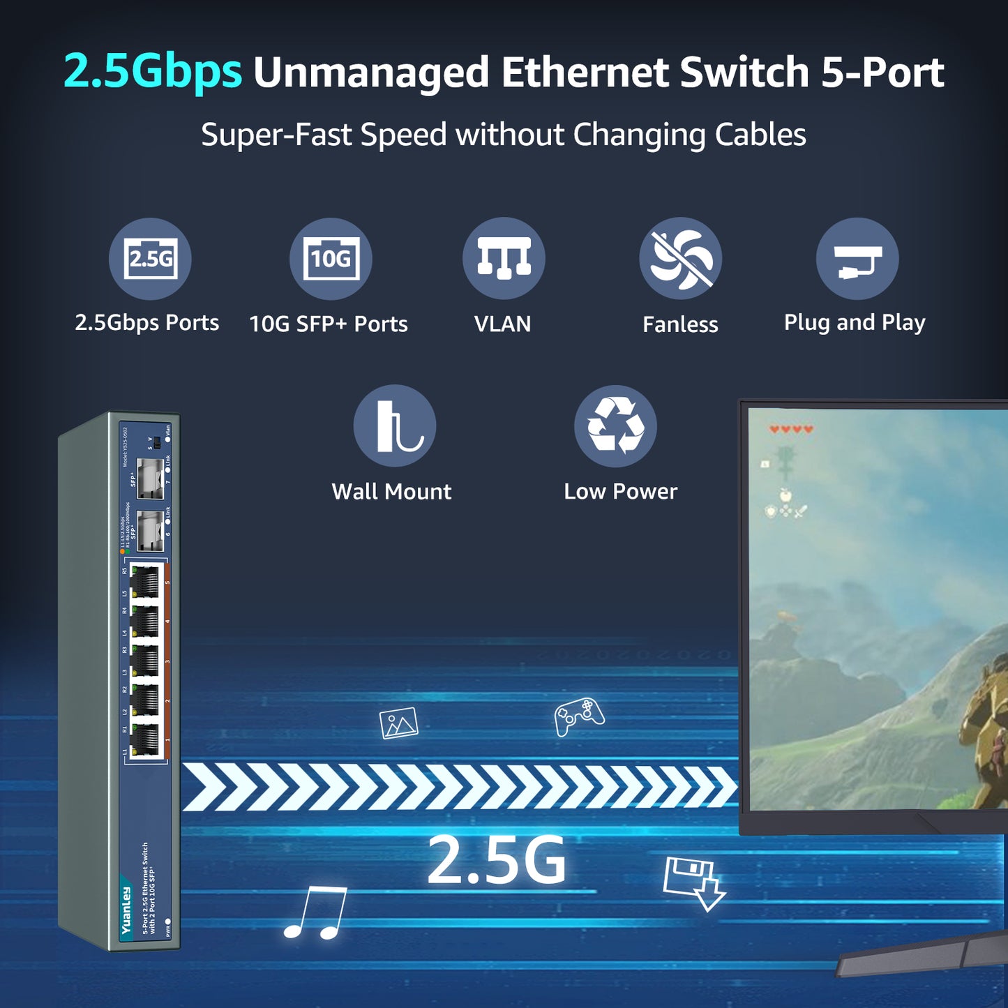 7 Port 2.5G Unmanaged Ethernet Switch, 5 x 2.5G Base-T Ports, 2 x 10G SFP, Compatible with 100/1000/2500Mbps, VLAN, Fanless, Desktop/Wall Mount YuanLey 2.5Gbe Network Switch for Wireless AP, NAS, PC